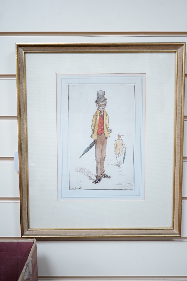 Ernest Henry Griset (1844-1907), Two gentlemen with umbrellas and Woman with umbrella, each signed, two ink and watercolours, 23 x 18cm